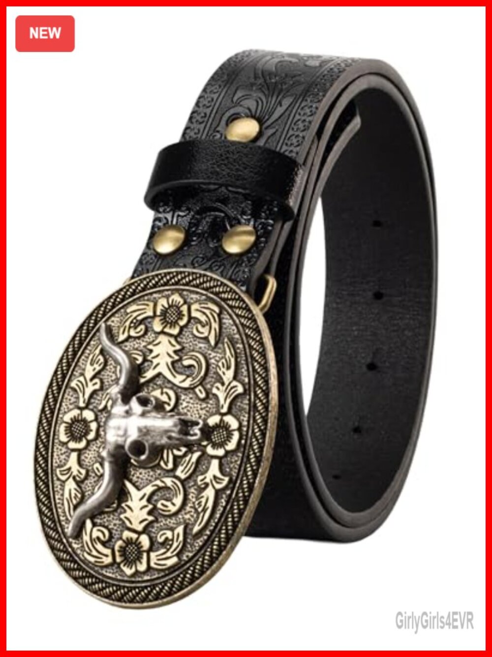 Western Cowboy Belt PU Leather Floral Bull Buckle Adjustable